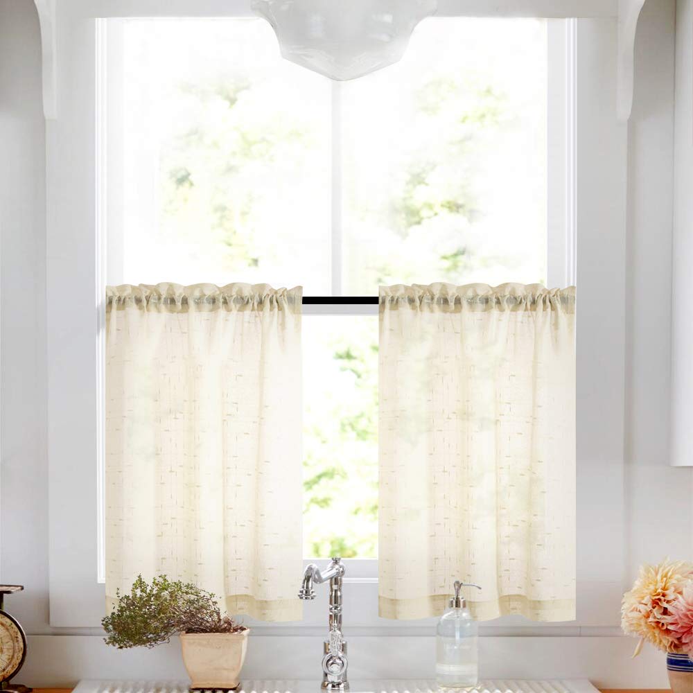 Beige Tier Curtains 36 inch Rod Pocket Kitchen Window Tiers Sheer Cafe Curtain Set Linen Textured Voile Drapes 2 Panels