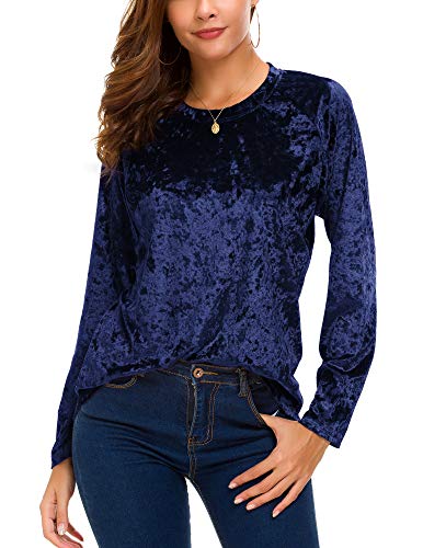 Women's Vintage Velvet T-Shirt Casual Long Sleeve Top (S, Navy Blue)