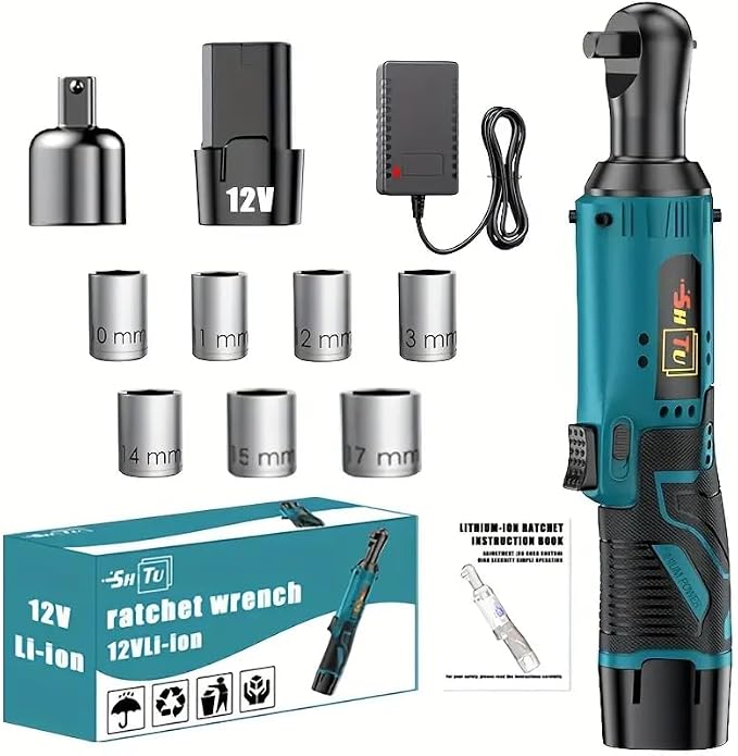 Wireless electric ratchet wrench set, right angle power tool, automotive repair screw and nut removal, electric operation mode (Battery*1 + multiple accessories)