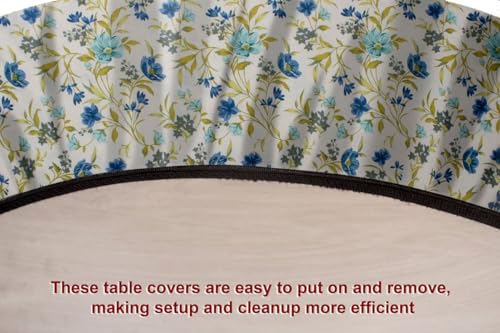 Image of The Furnishing Tree Elastic Cotton Round Dining Table Cover 40x40 in Inches Floral Blue Leaf on offwhite Base