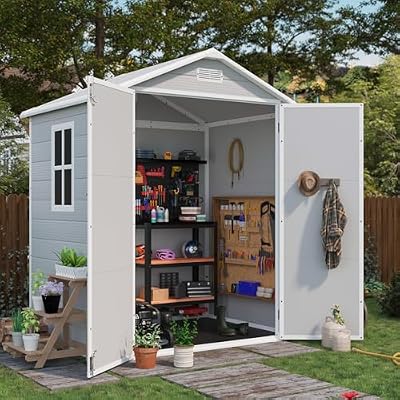 Patiowell 6 x 4 FT Resin Outdoor Storage Shed with Floor, Plastic Outside Sheds with Window, Garden Tool Shed with Lockable Door for Patio Storage, Backyard, Light Gray