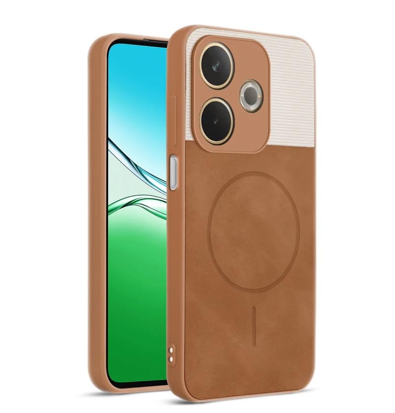 Image of Bintage CASE Mac Safe Design Hard Light Weight Back Case | Soft Border Camera Protect | Dual PU Leather Finish Back Cover Compatible for Oppo A5 Pro 5G - White & Brown