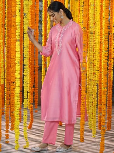 Image of Libas Embroidered Silk blend Straight Kurta Set for Women | ethnic wear | bridal suit | wedding dress | occasion wear