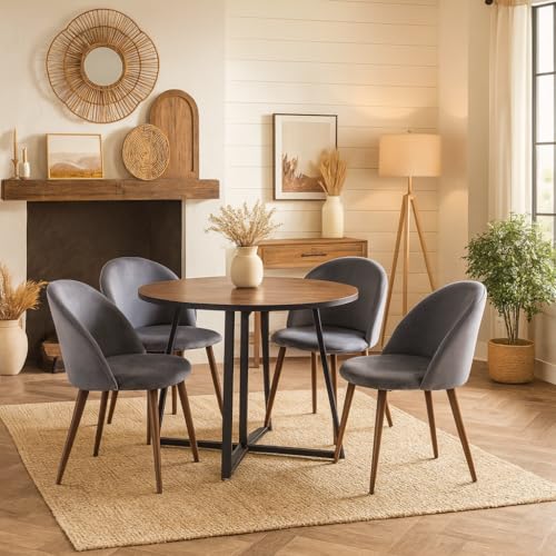 Image of 5-Piece Modern Round Dining Table Set, 35'' Wooden Table with 4 Velvet Upholstered Chairs, Compact Space-Saving Furniture for Small Apartments, Kitchens, and Dining Rooms (Brown Top, Gray)