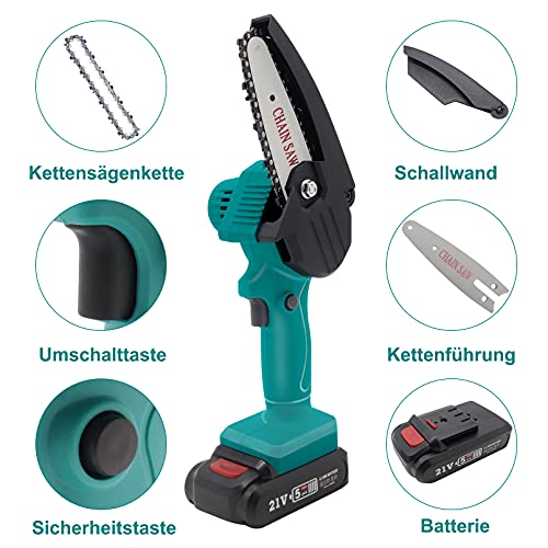 Awardroom 21V 4 Zoll Mini Kettensäge mit 2 Akku und Ladegerät, Einhand, mit Spritzschutz & Sicherheitssperre LED-Beleuchtung für Gartenscheren Astschere Holzschneiden, Batteriebetrieben – Bild 3