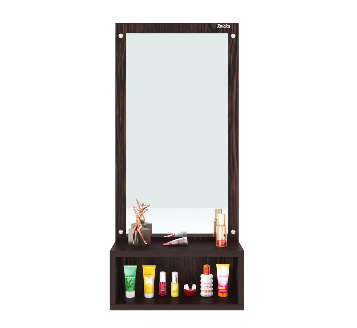 Zuicka Wall Mounted Dressing Table with Mirror and Storage Shelf, Dark Brown Wood Finish, 75 cm x 34 cm