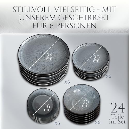 Steingut Geschirrset 6 Personen Ibiza 24 tlg. TESTSIEGER, Traumhaftes Mediterranes Steingut Geschirr Set, Schüssel- und Teller Set, Tafelservice 6 Personen, Geschirrsets Pure Living in Grau