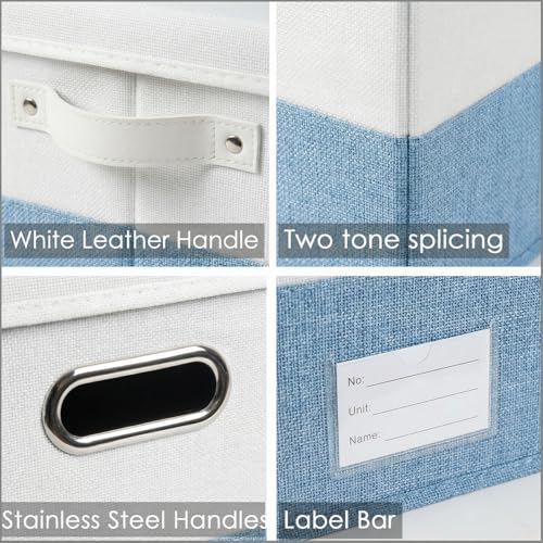 Image of PRANDOM Storage Bins with Lids [3-Pack] Linen Fabric Foldable Storage Boxes Organizer Containers Baskets Cube with Cover for Bedroom Closet Office White&Blue (23.4X15.9X11.4)