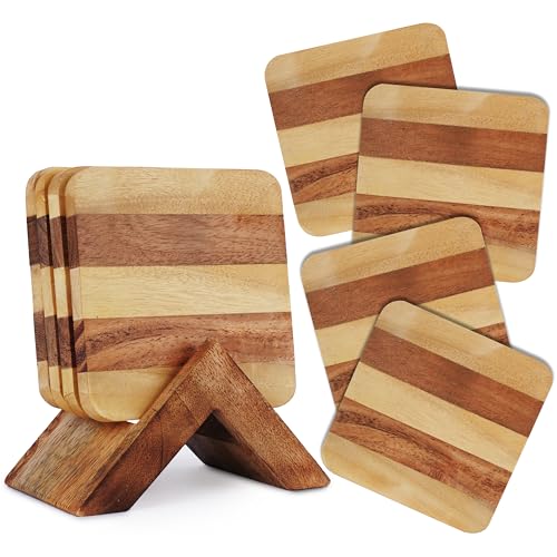 Ajuny Dessous de Verre en Bois avec Support – Lot de 4 sous-Verres Carrés 10x10 cm Antidérapants, Protection de Table pour Tasses à Café, Thé et Verres,...