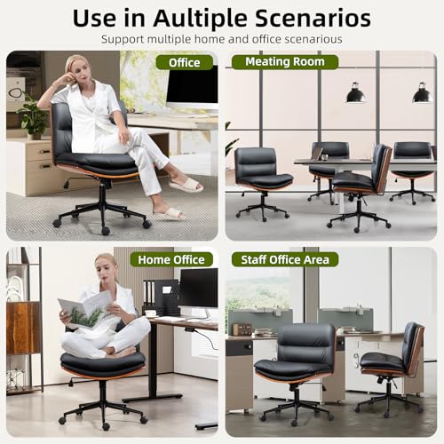 Office Chair, Criss Cross Legged Office Desk Chairs with Wheels, PU Leather Adjustable Swivel Walnut Task Chair with Wide Seat, Ergonomic Mid Back Computer Chair for Meeting Room, Home - Image 6