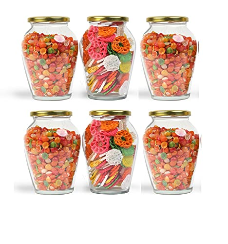 HIRVALL Big Pot Glass Jar for Pickle Dried Masala Grocery Grain Storage,Airtight Gold lid Glass Containers for Kitchen Storage(1000 ml)(6pcs)