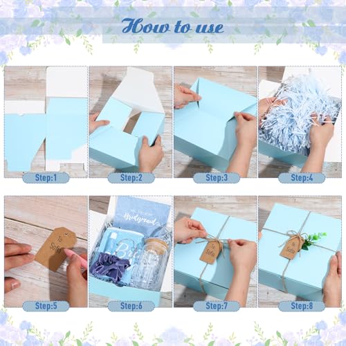 Meanplan 14 Pcs Bridesmaid Proposal Gifts Set, Will You Be My Bridesmaid Gifts with Proposal Box Glass Cup Makeup Bag Cards Lip Balm Hand Cream Candle Scrunchie Bracelet Diamond Pen for Wedding(Blue)3