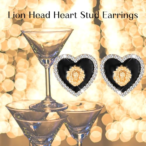 Basketball Wives Crystal Heart Lion Head Stud Earrings Rhinestone Black Enamel Hip Hop Costume Party Cocktail Jewelry3