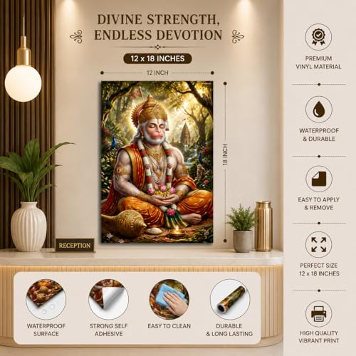 Image of Rangoli Lord Hanuman Ji Self Adhesive Poster 12x18 Inch | Bajrangbali Hindu God Wall Sticker Poster for Home Temple Pooja Room Living Room Bedroom Decor | Spiritual Devotional Wall Art