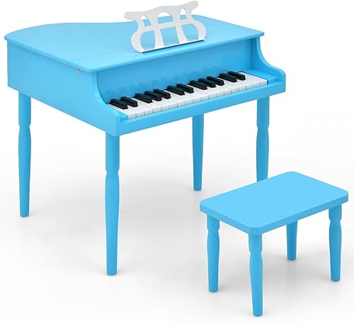 Miniatura 10 de HONEY JOY Piano clásico para niños, mini piano de cola de 30 teclas con soporte de música y banco, juguete de instrumento musical de madera con tapa
