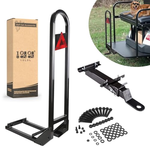 10L0L Golf Cart Rear Seat Safety Grab Bar & Trailer Hitch with Receiver Universal Fits Yamaha,Club Car, EZGO,Street Legal Heavy Duty Grab Bar w/Triangle Safety Sign