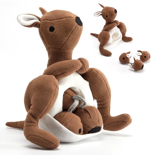 Wagorific Dog Toys Plush with Squeaky & Treat Hiding Features - Mental Stimulation Enrichment Toy for Large Breed Dogs - Machine Washable Slow Feeder to Keep Dogs Busy，Joey Pouch