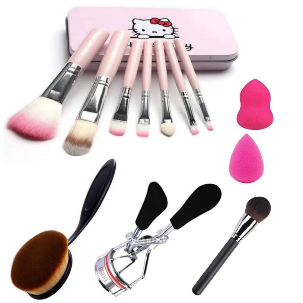 Adbeni Face Makeup Combo of Makeup Brush Pack of 7pc With 2pc Beauty Blander + 2 type Makeup Foundation Brush and a Eyelashes Curler