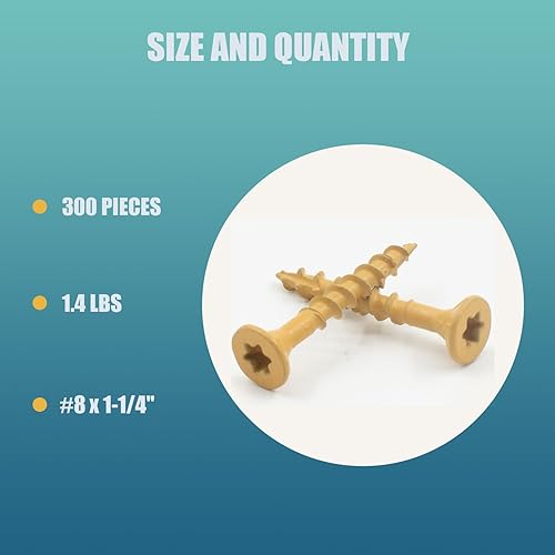 Miniatura 9 de 300 tornillos de cubierta exterior de 8 × 1-12 pulgadas, tornillos de madera con revestimiento de cerámica amarillo, tornillos autoadhesivos