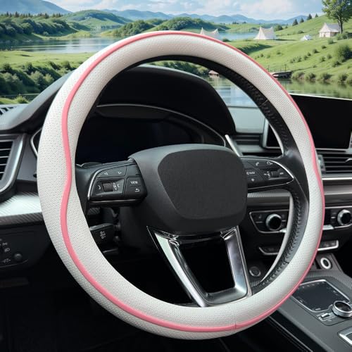 HAOTULE Leather Steering Wheel Cover， with Anti-Slip Stripe Design - Enhanced Grip, Fashion Style, Safe, Non-Slip, Breathable. Upgrade car Interior，White Pink