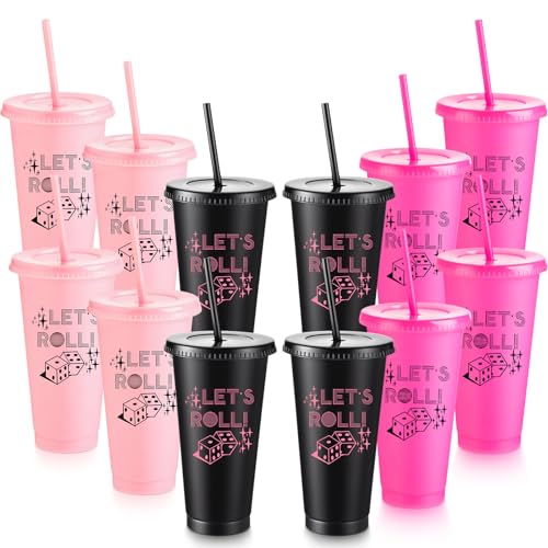 Reallnaive 12 Pcs Bunco Plastic Cups Lets Roll Dice Bunco Tumblers with Lids and Straws Pink Black 24oz Cups for Girls Trip Game Night Casino Night Bachelorette Kpop Birthday Party Supplies