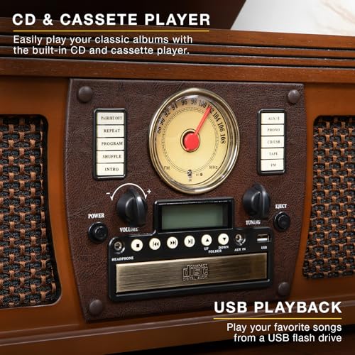 Image of Victrola Navigator - 8-in-1 Bluetooth Record Player - Walnut | Real wood cabinet plays vinyl, CD, cassette, FM radio, USB and aux, built-in speakers, remote control included
