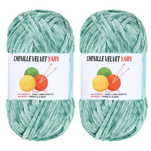 Image of 2 * 100g Velvet Chenille Chunky, Handcrafts Weaving Soft Chenille Yarn for Crocheting Clearance, Used for Making Baby Yarn Blanket, Clothes, Knitting Creations (Light Green)