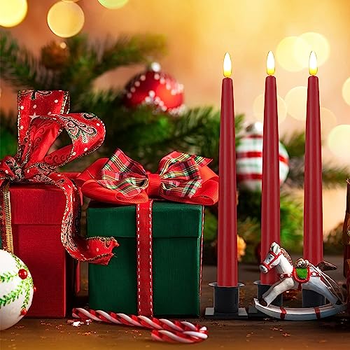 Image of CVHOMEDECO. Flameless Taper Candles with 10-Key Remote, Battery Operated Led Flickering 3D Wick Window Candles Real Wax Finished Home Christmas Party Decor 0.78 x 11 Inch, Pack of 3, Red