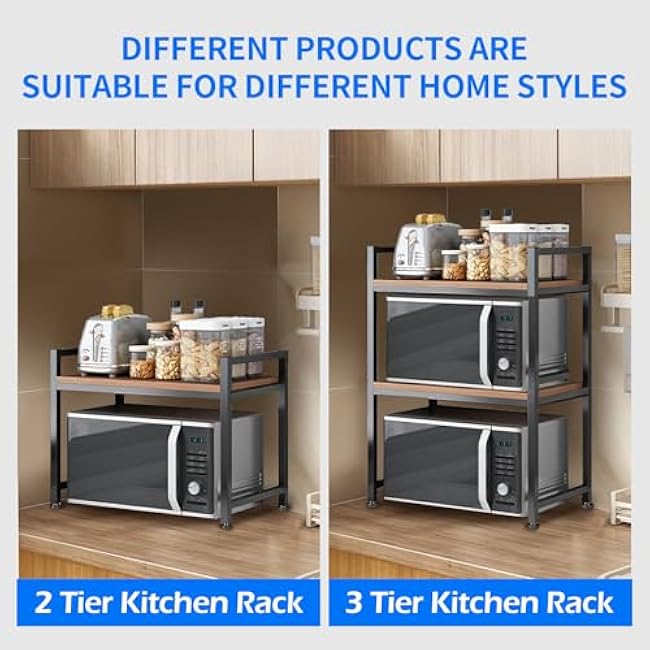 Microwave Stand, Heavy Duty 3 Tier Microwave Shelf for Kitchen Shelving Countertop Organizer. Carbon Steel, Wood Panel, Sturdy and Not Shaking Kitchen Rack That Can Withstand 200 Lbs Weight