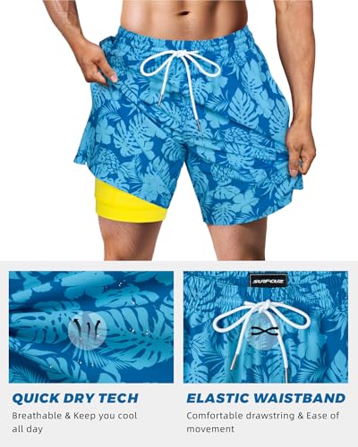 Image of SURF CUZ Mens Swim Trunks with Compression Liner Swim Shorts 7 inch Swimming Trunks Stretch 7 Inch Swim Suits Quick Dry