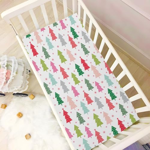 Image of Colorful Christmas Tree Crib Sheets Soft Breathable Fitted Baby Crib Sheets Mattress Cover for Girl Boys, 52 inch x 28 inch x 9 inch