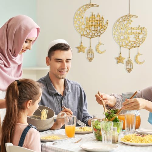 2 Pieces Eid Mubarak Door Sign Wooden Hanging Signs, Ramadan Kareem Hollow Ornament Decorations Moon and Stars, Moon Shape Ramadan Mubarak Party Wood Wall Hanger for Islamic Muslim Home Decor - Image 5