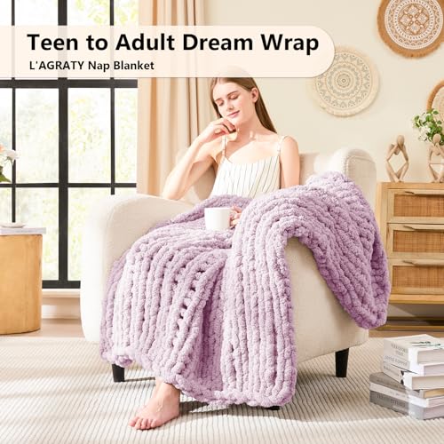 Image of L'AGRATY Chunky Knit Throw Blanket for Couch, 40'' x 50'' Knit Throw, Purple