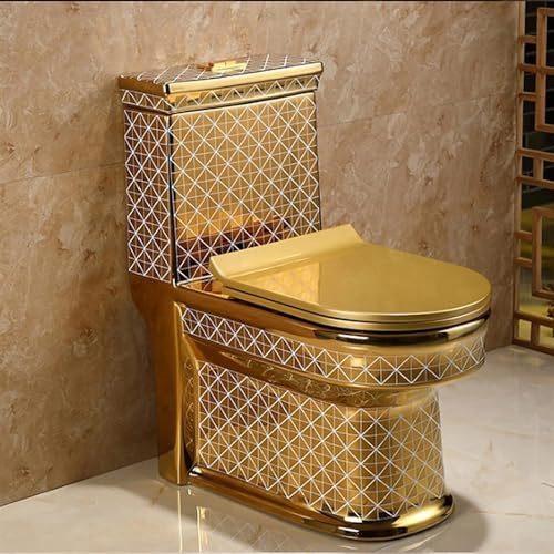 SaryEdge Modernes WC mit Doppelspülung und vergoldetem Design, einteiliges WC mit Doppelspülung und universeller Höhe und stummer Keramiktoilette für das Badezimmer zu H(B-680x340x820mm – Bild 6