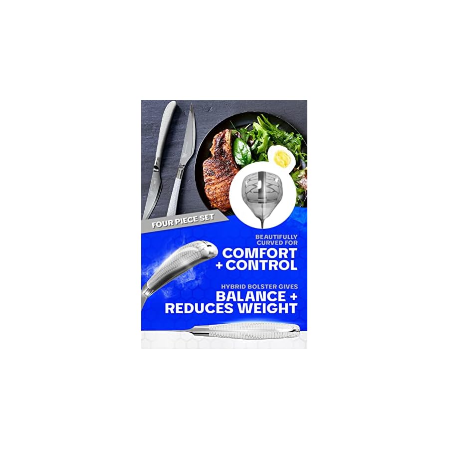 Dalstrong Steak Knife Set - 4 Piece - 4.5 inch Serrated Blade - Frost Fire Series - High Chromium 10Cr15CoMoV Steel Kitchen Knife - Frosted Sandblast - White Honeycomb Handle - NSF Certified