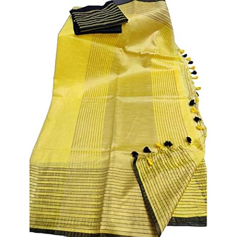 India Meets India Ethnic Indian Women's Bhagalpuri Bihar Handloom Cotton Khadi Saree with Contrast Blouse (Yellow & Black Blouse) Cover