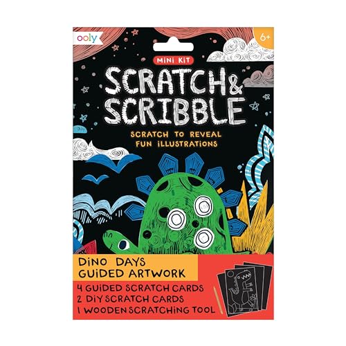 Ooly Mini Scratch & Scribble Art Kit - 6 Card Rainbow Scratch Art Set Gifts for Kids, Travel-Friendly Craft Kit, Scratching Tool Included - Dino Days