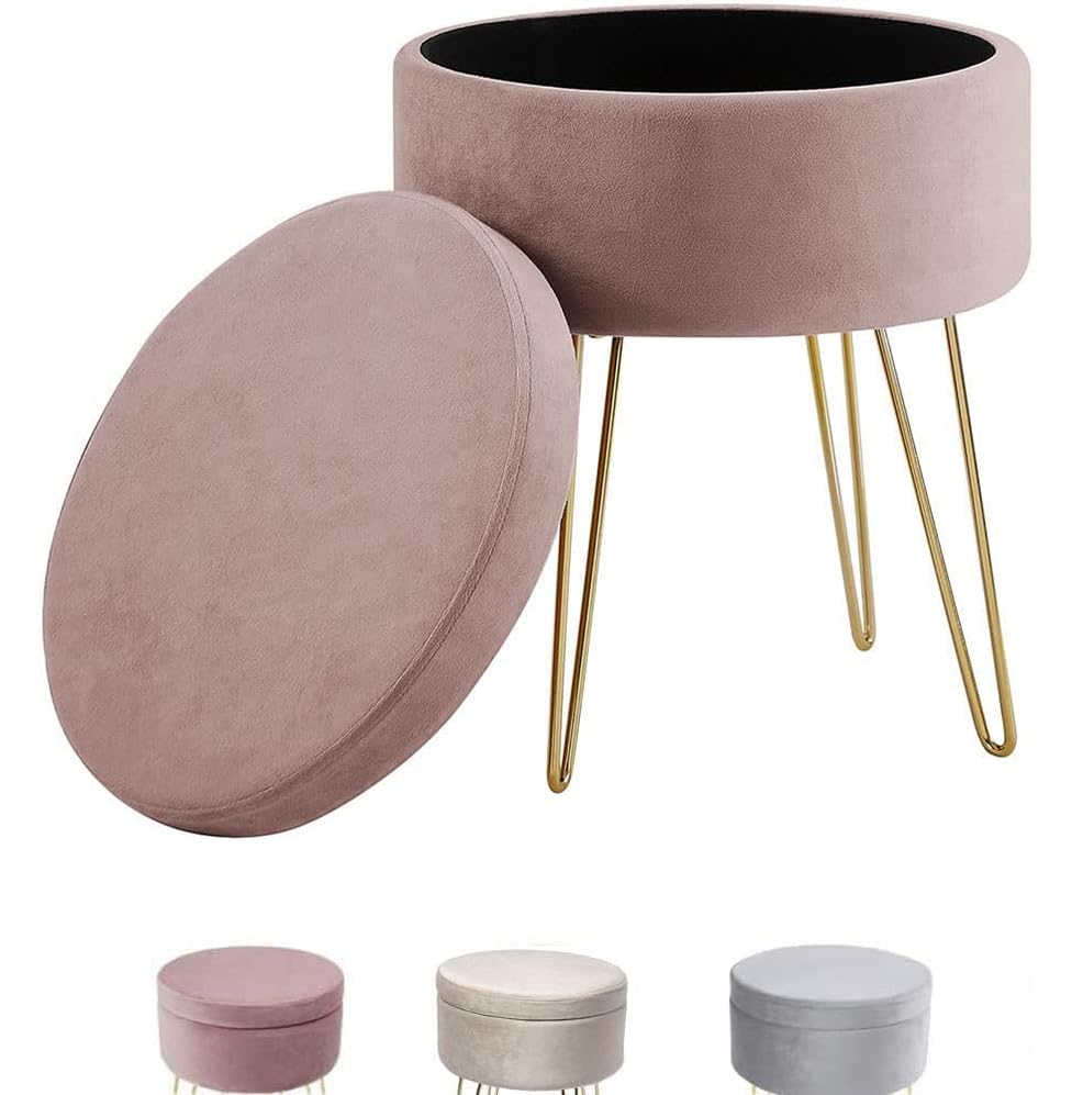 Madera Nieve Taburete Redondo para tocador, Taburete otomano, Taburete Acolchado con Funda Desmontable y Soporte de Metal. (Rosado)