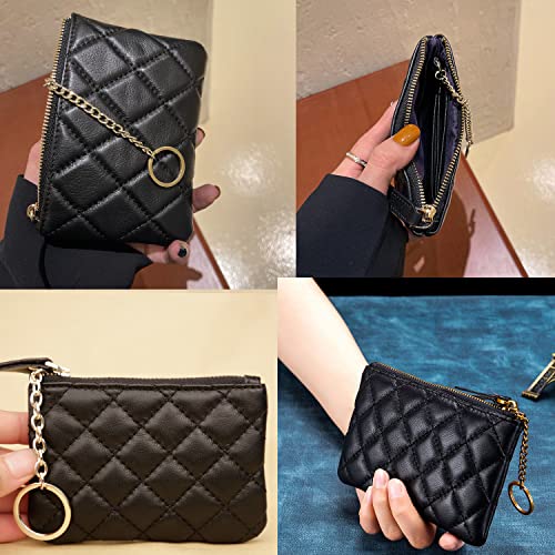 Image of DORIS&JACKY Soft Lambskin Leather Coin Purse Small Quilted RFID Blocking Top Zipper Wallet With Key Chain