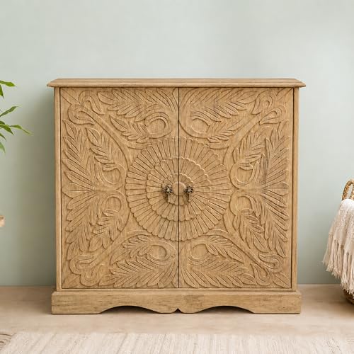 Image of The Attic Jodhpur Large Sideboard Cabinet for Kitchen and Living Room Storage Solid Wood Natural Matte Finish