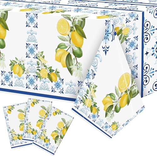 BkeeCten 3-Pack Capri Lemon Table Cover Party Decoration Mediterranean Lemon Pattern Disposable Waterproof Decor Summer Spring Fruit Kid Birthday Dining Picnic Wedding