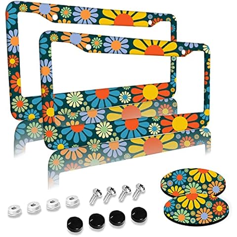 Abstract Hippie Flower Floral License Plate Frames 2 Pack 2 Holes Aluminum License Plate Cover with 2 Pcs Car Coasters and Screw and Black Screw Caps for Girl Women Men Gifts Cover