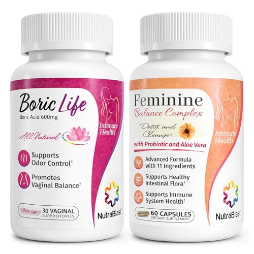 NutraBlast Boric Acid Suppositories 600mg (30 Count) Bundle with Feminine Balance Complex (60 Capsules) | Detox & Cleanse | Supports Healthy Intestinal Flora & Immune System