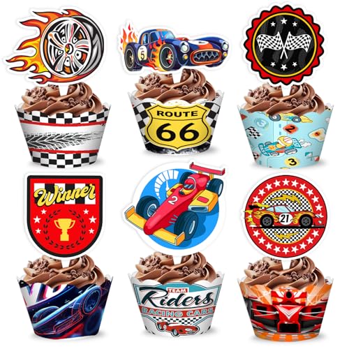 48PCS Race Car Themed Birthday Party Decorations | 24PCS Cupcake Toppers 24PCS Cupcake Wrappers Party Favors Supplies SuperCar Centerpiece Table Gifts for Boys Girls Carnival Prizes