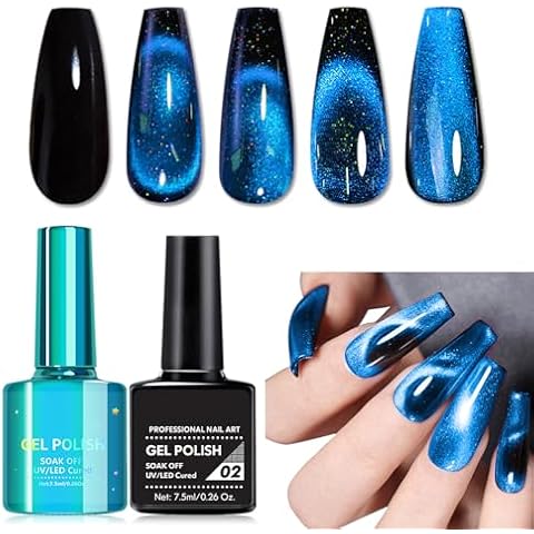 12D Blue Cat Eye Nail Polish,2 PCS Glitter Cats Eye Gel Polish Set Holographic Dark Blue Cateye Magnetic Nail Polish with Black Color Base Gel,Reflective Shimmer Nail Polish for Salon & DIY at Home Cover