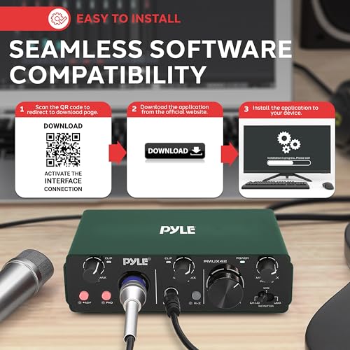Image of Pyle USB Audio Interface for Recording Music, Podcasting, and Streaming - 2-IN /2-OUT, 24bit /192kHz, Low-Noise, High-Fidelity Studio Quality, USB Powered, Rugged Metal Chassis, 5.9 inch x 4 inch x 1.8 inch