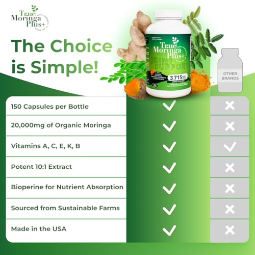 True Moringa Plus+ Joint Support Supplement 10:1 Extract | 20,000mg of Organic Moringa, Turmeric Curcumin, Ginger, Boswellia, BioPerine | Extra Strength Herbal Antioxidant for Adults (150 Capsules)