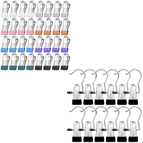 32 Pack Colorful Metal Clothes Pins for Laundry + 12 Pack Boot Hanger Clips Clothes Pins Cover