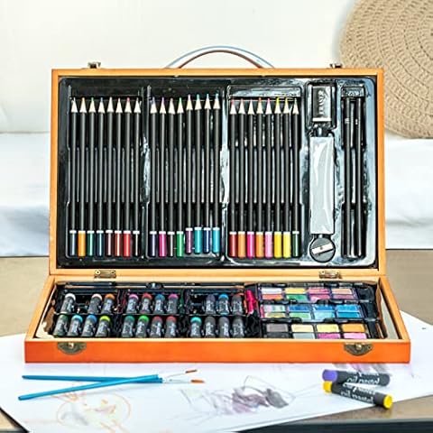 MAHITOI 80+ Pieces Deluxe Artist Studio Creativity Set Wood Box Case Cover