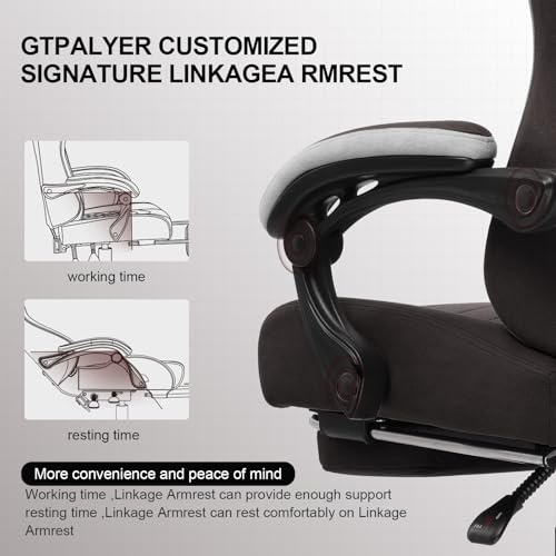 GTPLAYER Gaming Chair with Footrest Fabric Office Chair with Pocket Spring Cushion and Linkage Armrests, High Back Ergonomic Computer Chair with Lumbar Support Task Chair Brown